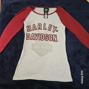 Harley-Davidson Red and White Long Sleeve Tee Womens M